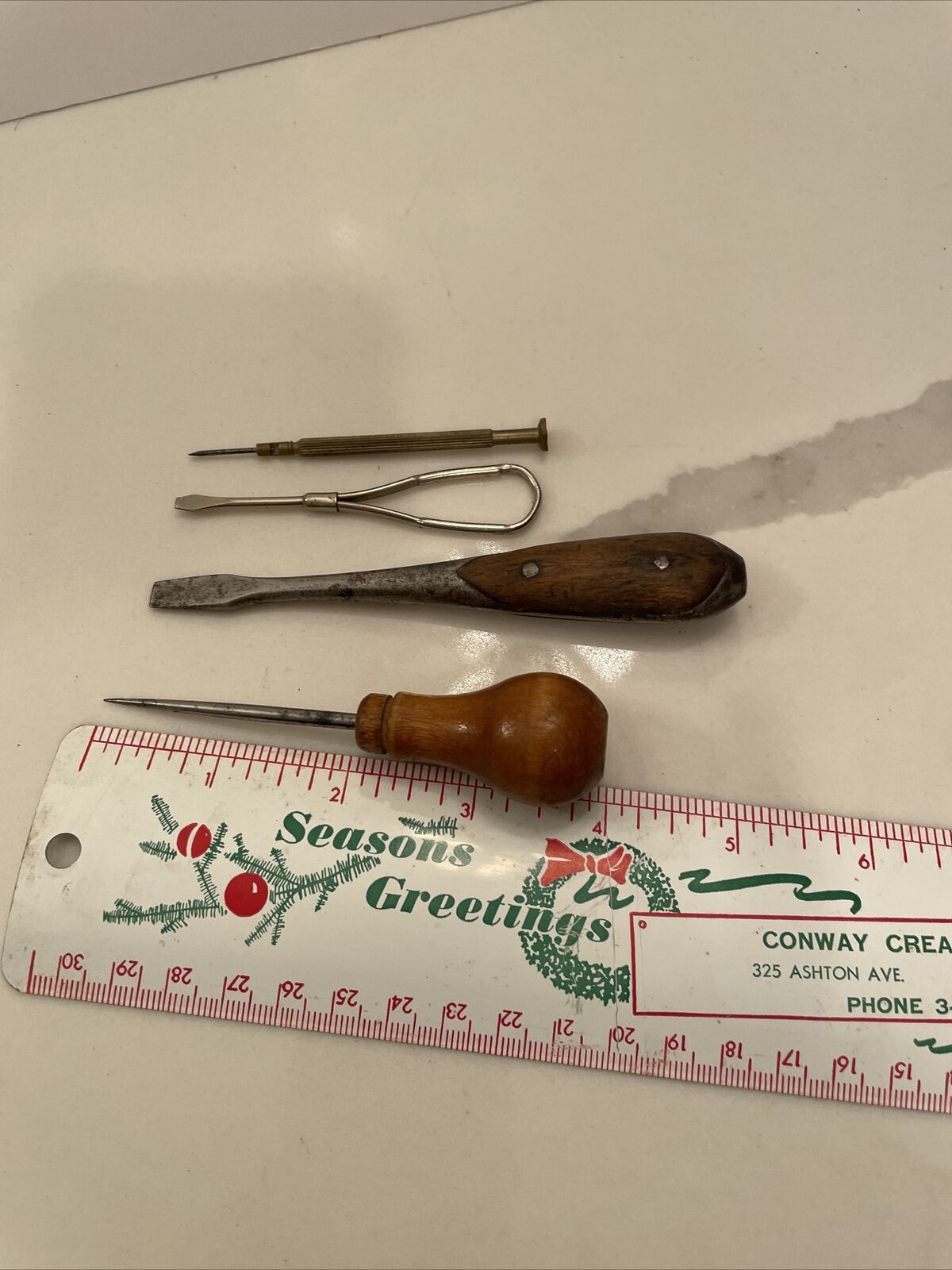 Set Of 4 Vintage Hamd Held Tools With Wooden Handles
