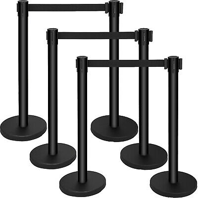 6pcs Queue Barrier Posts Stainless Steel Poles Retractable Black Belt