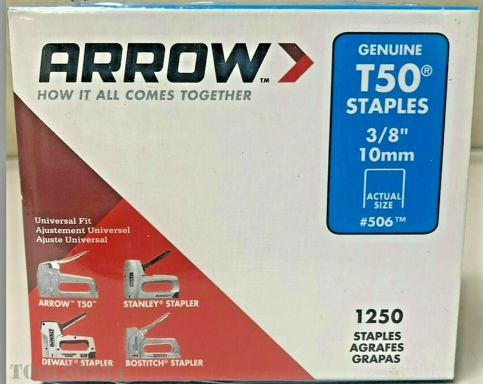 3/8" T50 Staples (10mm) Steel 1250/pack Arrow Fastener Usa 506 50624